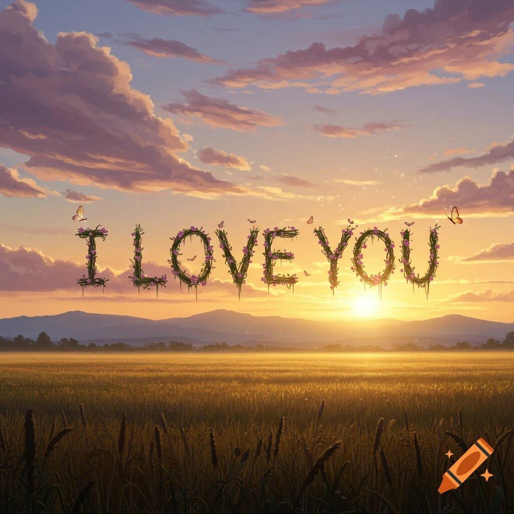 The words 'I LOVE YOU' made of green vines and pink flowers float above a golden field at sunset, with mountains in the background and butterflies fluttering around the letters.