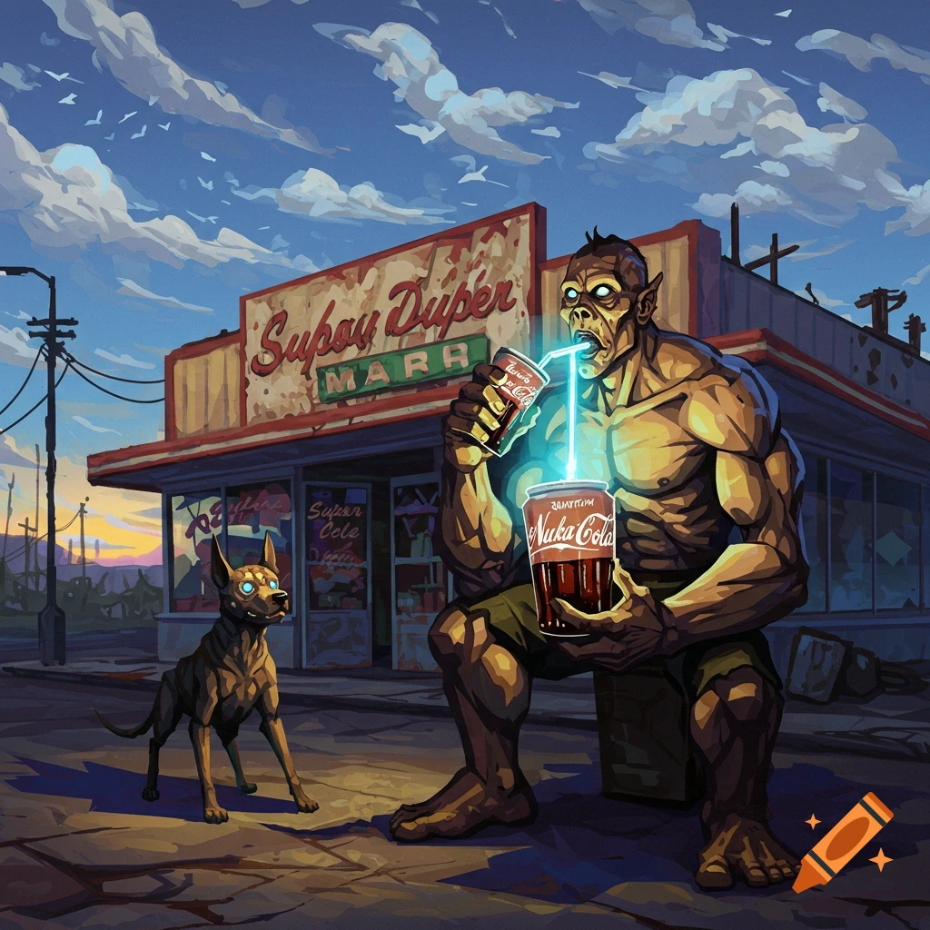 A stylized illustration of a muscular Super Mutant drinking glowing Nuka-Cola from a can through a straw, with a mutant hound watching. They are outside a "Supoy Duper Marh" store under a blue sky.