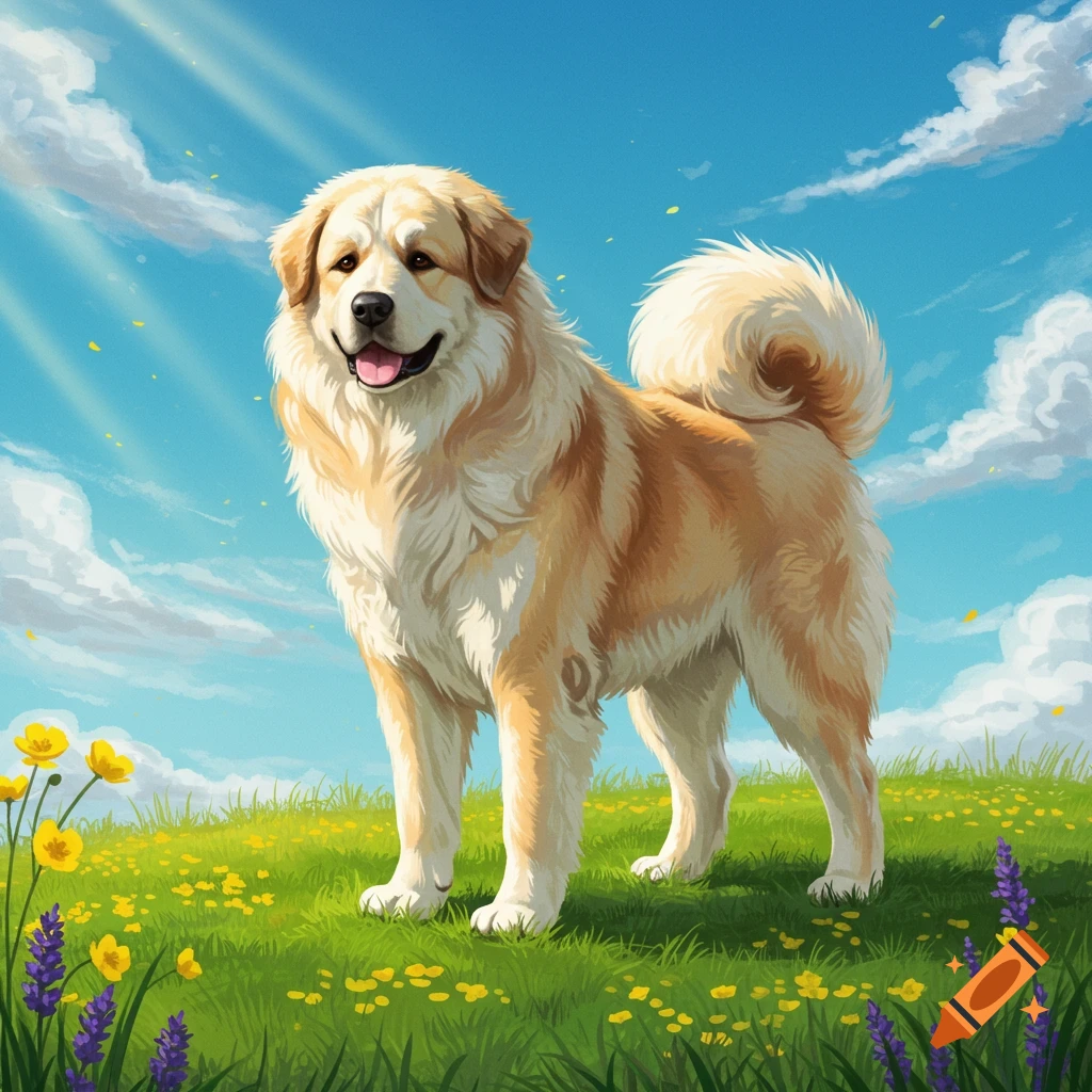 A happy, fluffy, light brown and white dog stands in a bright green meadow with yellow and purple flowers under a blue sky.