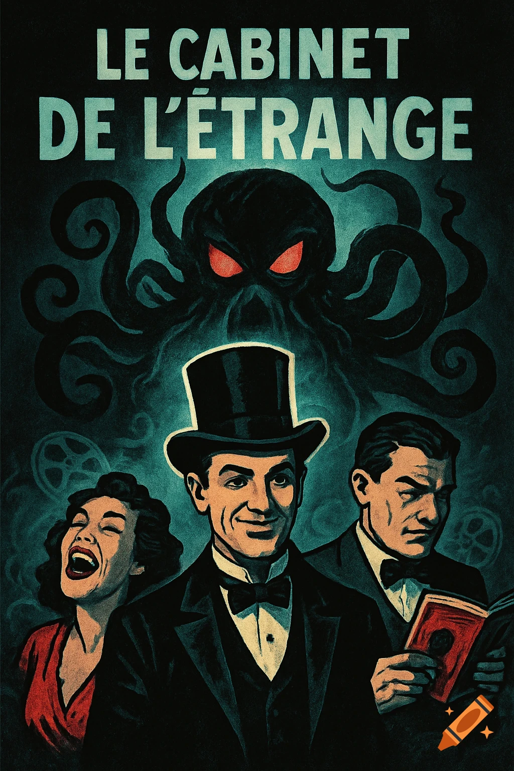 A vintage horror poster featuring an octopus-like monster looming over three smiling figures, with the text 'LE CABINET DE L'\u00c9TRANGE'.