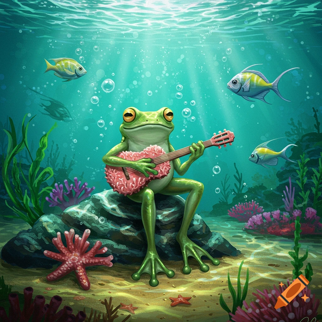 A whimsical illustration of a green frog sitting on a rock underwater, playing a heart-shaped pink ukulele-like guitar with fish swimming around.