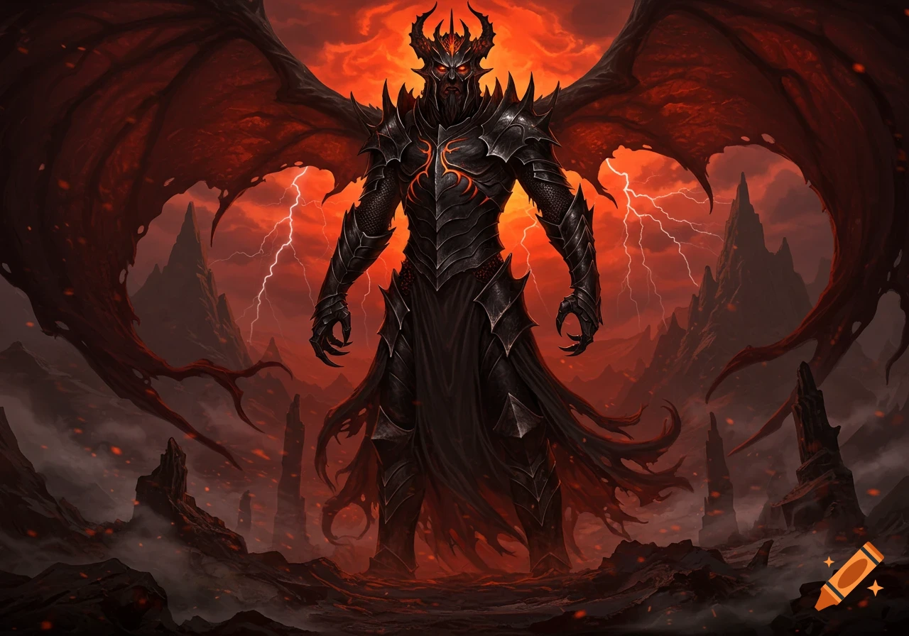 A horned and winged dark lord in black armor stands in a fiery landscape with lightning, fantasy art.