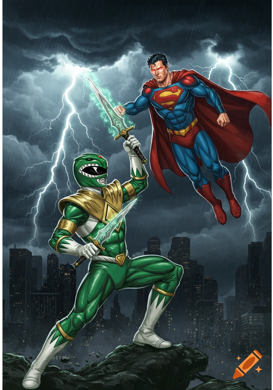 Superman and the Green Ranger with glowing swords confront each other in a stormy city, comic art style.