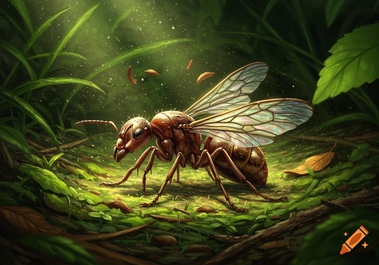 A large, detailed winged queen ant stands on a mossy forest floor, illuminated by sunlight filtering through green leaves.