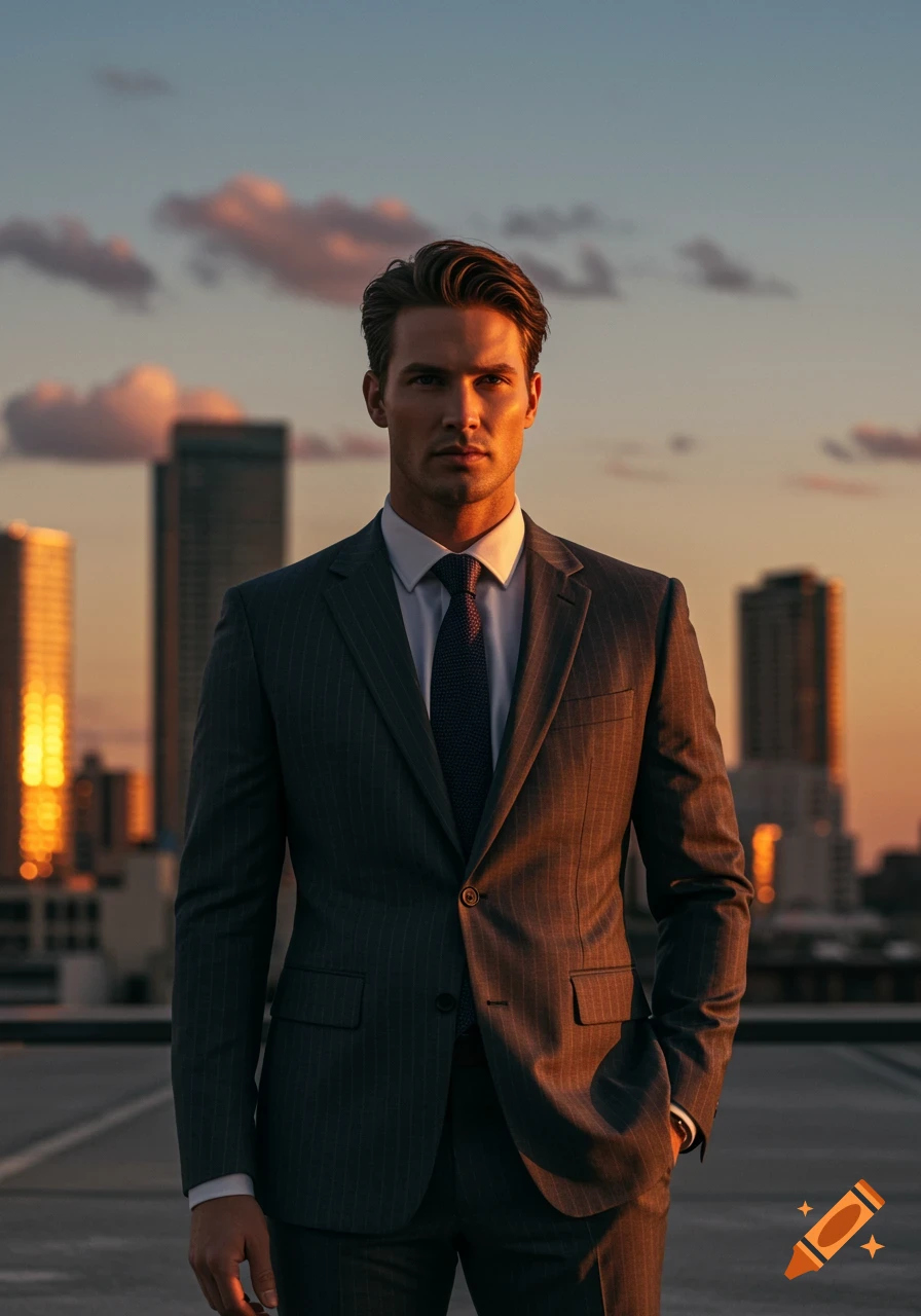 Photorealistic portrait of a man in a suit standing on a rooftop at sunset, with a city skyline in the background.