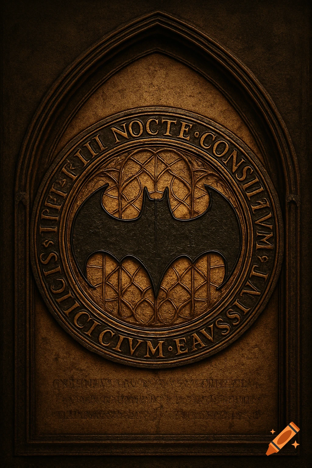 A dark golden medieval church seal featuring a black Batman symbol at its center, with Latin text carved around the emblem.