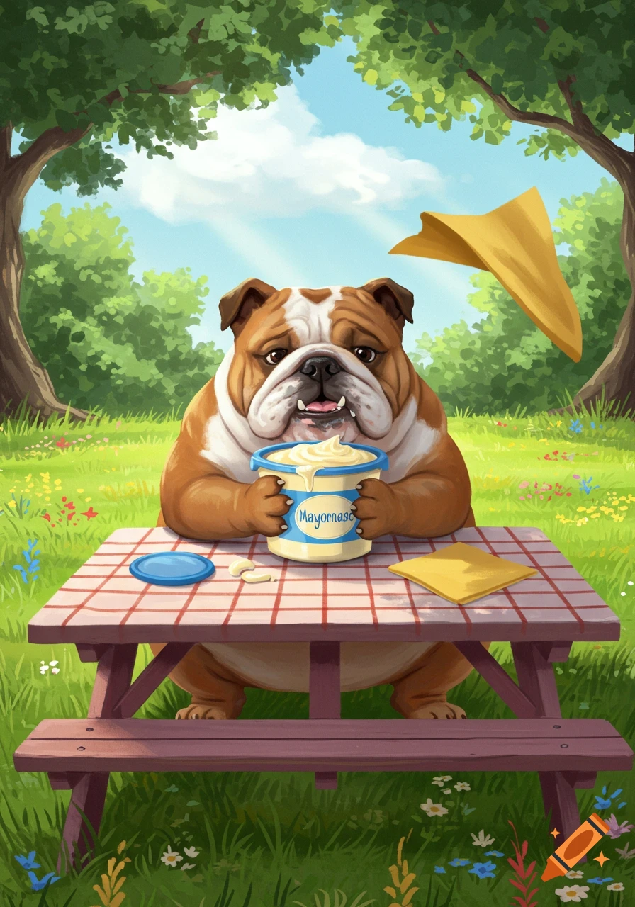 A cartoon bulldog sits at a picnic table in a park, eagerly holding a tub of mayonnaise.