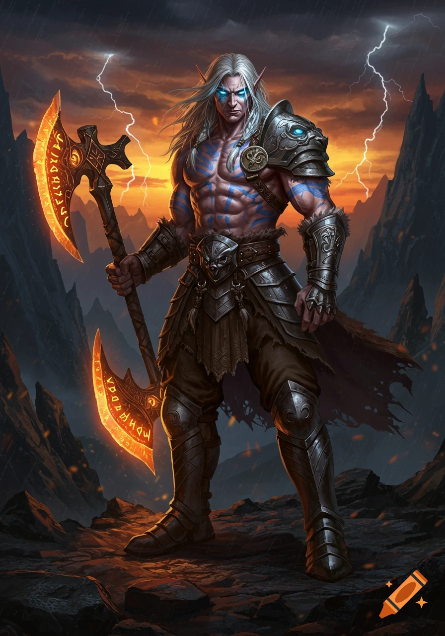 A muscular elf barbarian with long white hair and blue markings on his chest stands in a stormy mountain landscape, holding a large glowing axe.