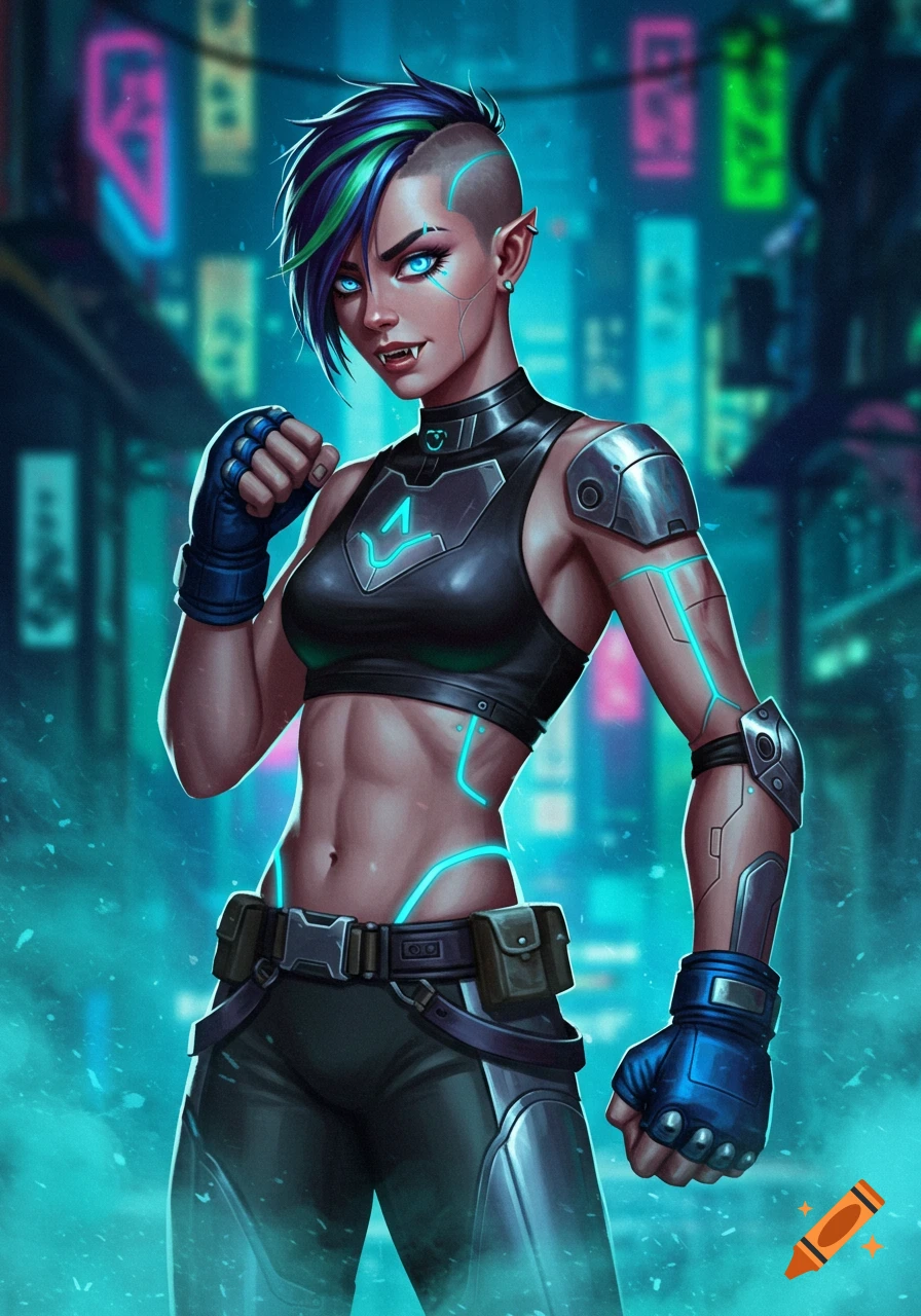 A female cyberpunk pugilist with blue eyes, fangs, and a mohawk, wearing a black crop top and armored gloves, standing against a neon city background.