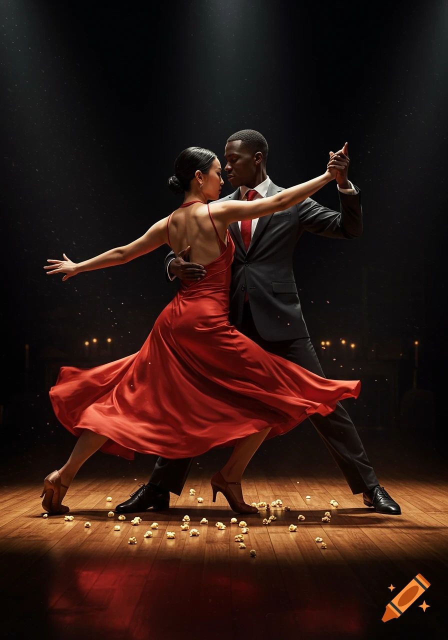 A Black man and an Asian woman dance tango on a spotlighted wooden floor scattered with popcorn. Photorealistic.