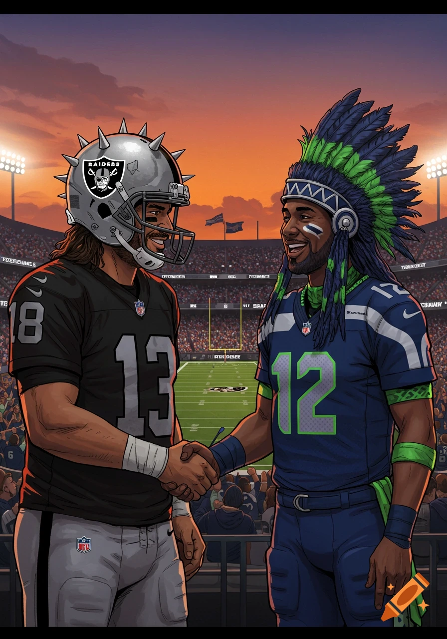 Two stylized football fans, one wearing a Raiders helmet and jersey, the other a Seahawks jersey and feathered headdress, shake hands on a stadium field at sunset.