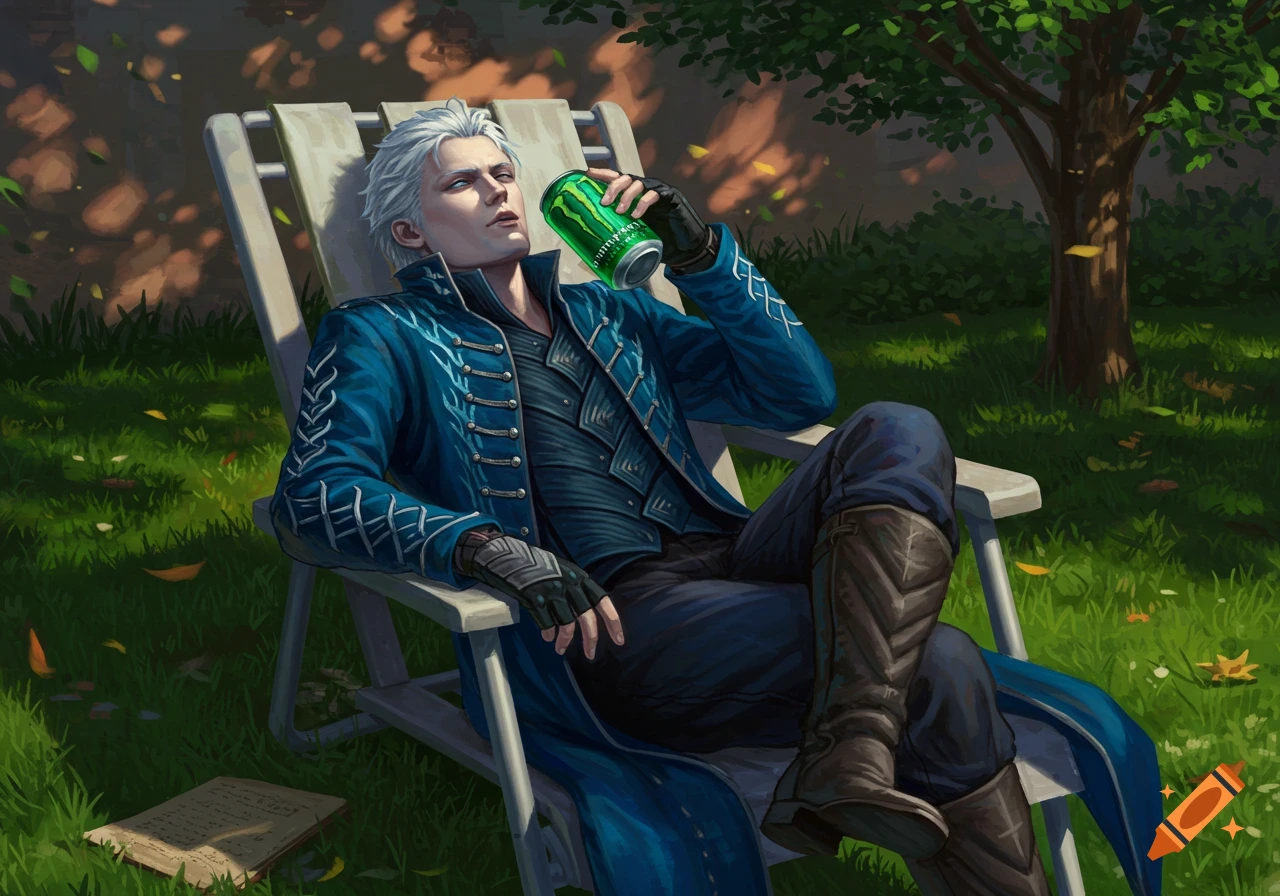 Vergil from Devil May Cry, a white-haired man in a blue coat, relaxes in a white plastic lawn chair outdoors, drinking from a green Monster Energy can.