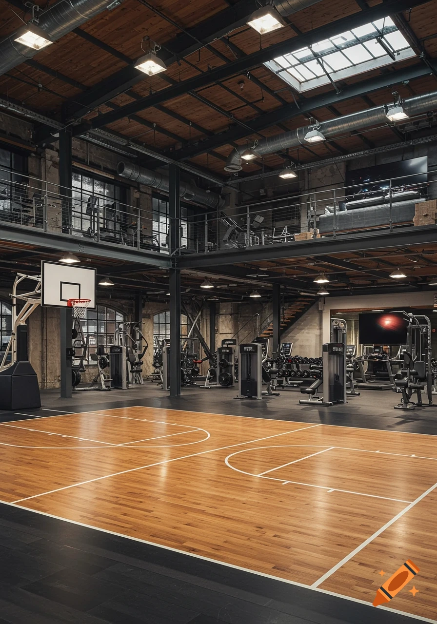 Modern gym and basketball half-court inside a large warehouse-style building with an upstairs lounge area.