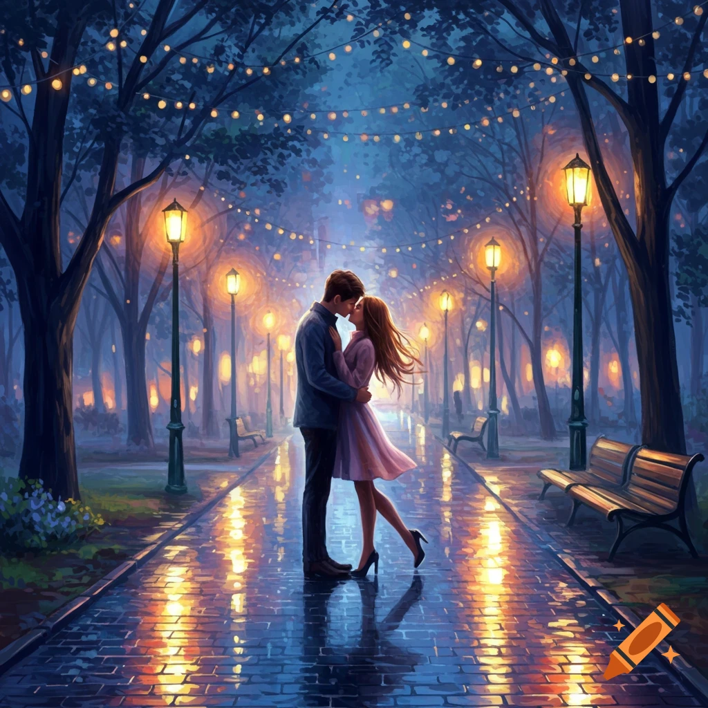 A couple kisses under string lights and lampposts on a wet park path at night, in a romantic illustration.