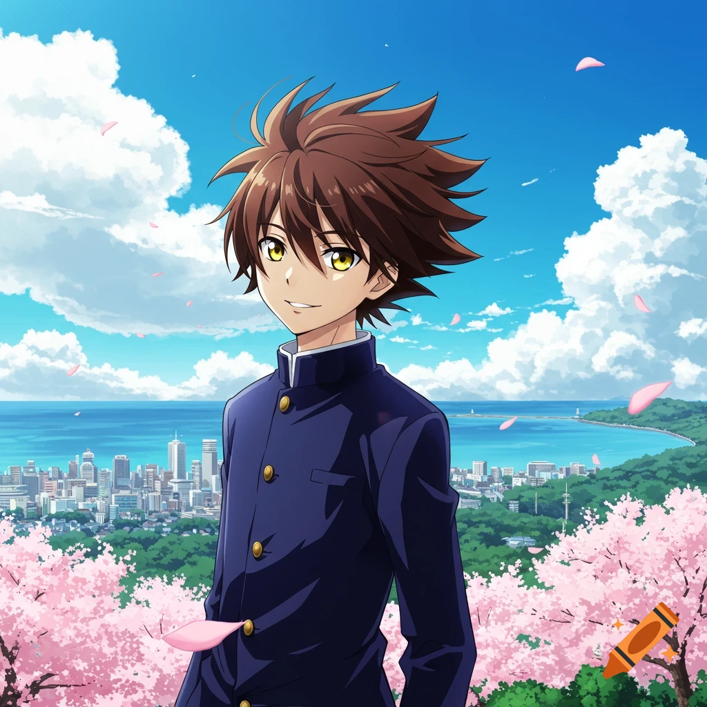 An anime boy with brown spiky hair and yellow eyes smiles in front of a city, ocean, and cherry blossoms.