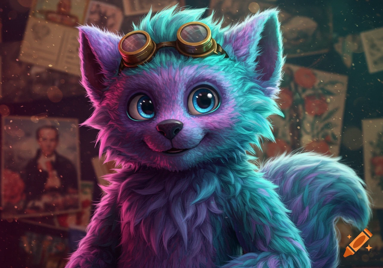 A vibrant, fluffy purple and teal furry creature with large blue eyes and steampunk goggles looks directly forward. Detailed digital art.