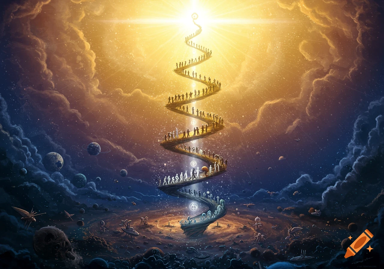 A vibrant, spiraling cosmic pathway ascends from dark space to a bright light, populated by numerous small figures representing evolution.