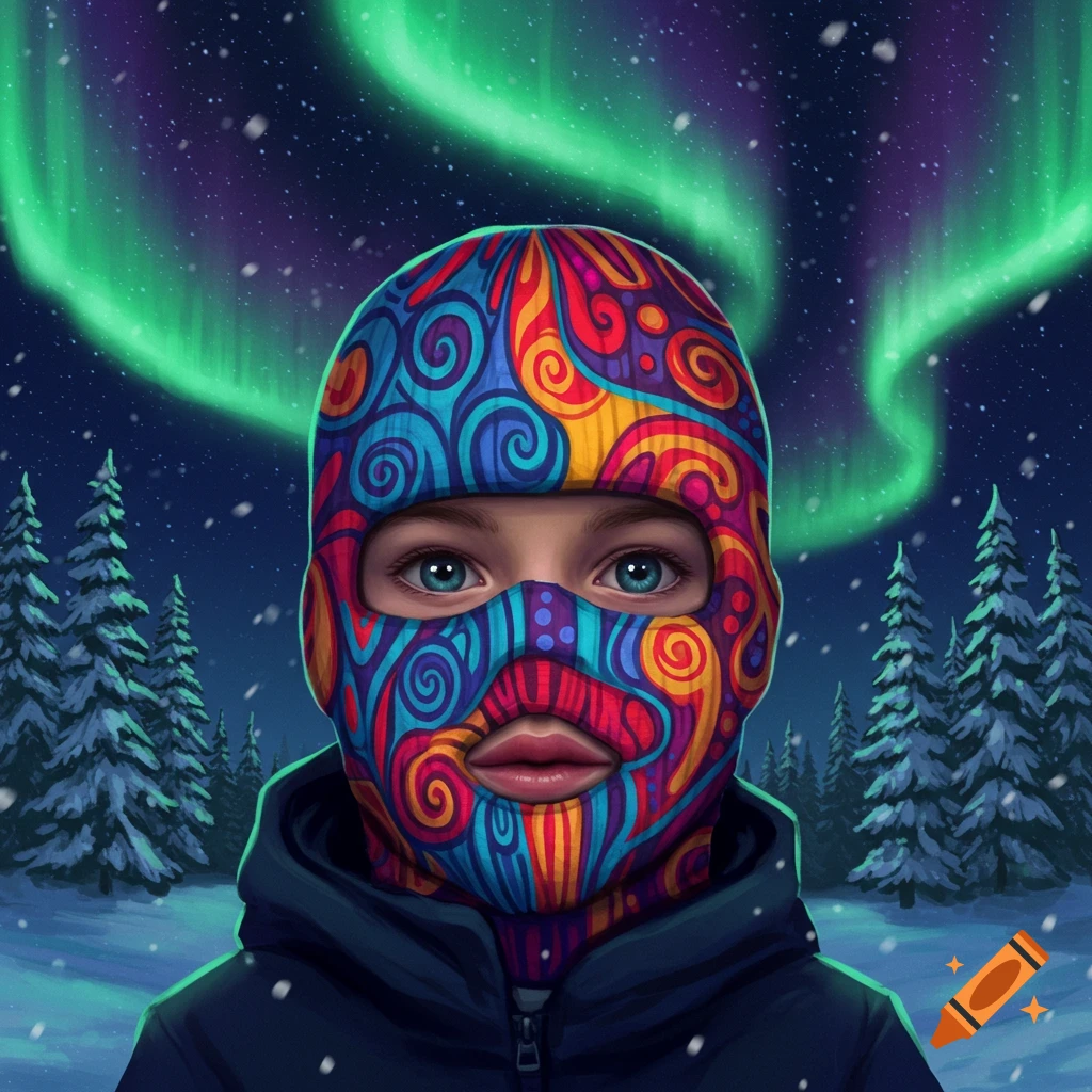 Digital art of a boy wearing a colorful, patterned ski mask in a snowy forest under the green Northern Lights.