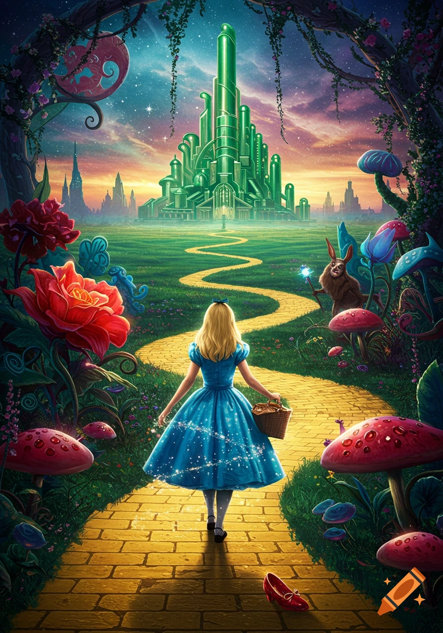 Alice in a blue dress walks on a yellow brick road towards a glowing green city, surrounded by giant flowers, mushrooms, and a rabbit, in a fantastical digital art style.