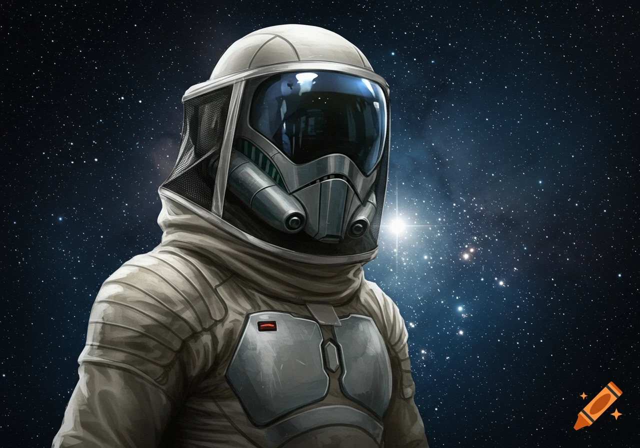 A person in a detailed futuristic white and gray suit with a shiny visor helmet stands against a starry space background. Concept art.