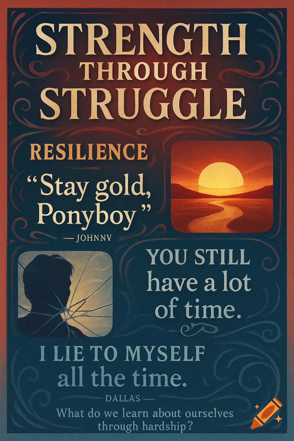 A vintage-style motivational poster with quotes from "The Outsiders" and a sunset image, promoting strength through struggle.
