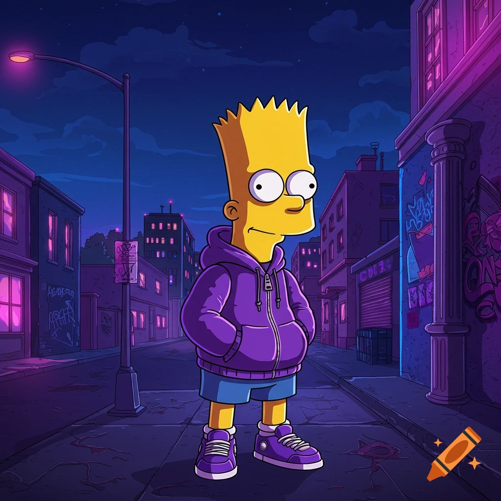 Bart Simpson in a purple hoodie and blue shorts stands on a street at night with glowing purple lights on buildings and a streetlamp.