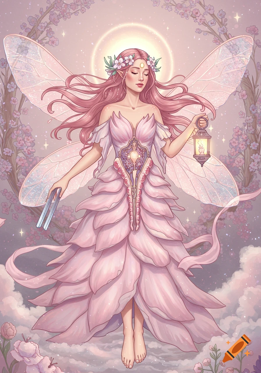 A pink-haired fairy with shimmering wings and a petal dress, holding a lantern in a soft pink floral fantasy setting.