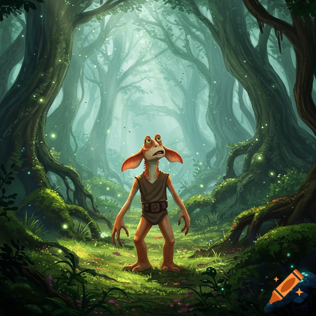 Jar Jar Binks stands in a magical, glowing forest.