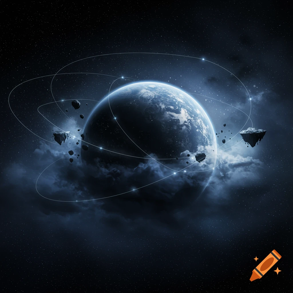 A large planet surrounded by cosmic clouds, glowing orbital lines, and dark asteroids in deep space.