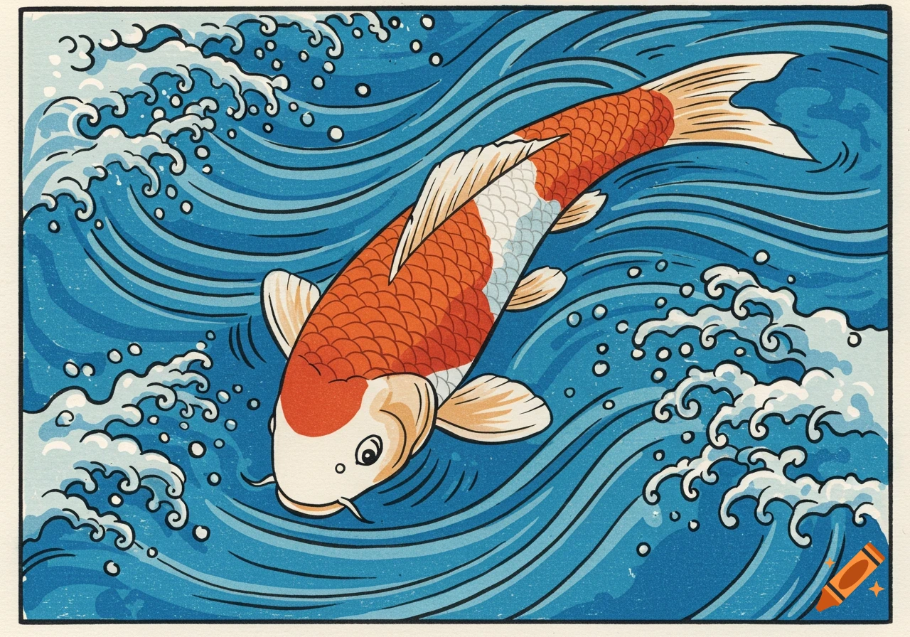 A woodblock print of an orange and white koi fish swimming in swirling blue water with white waves.