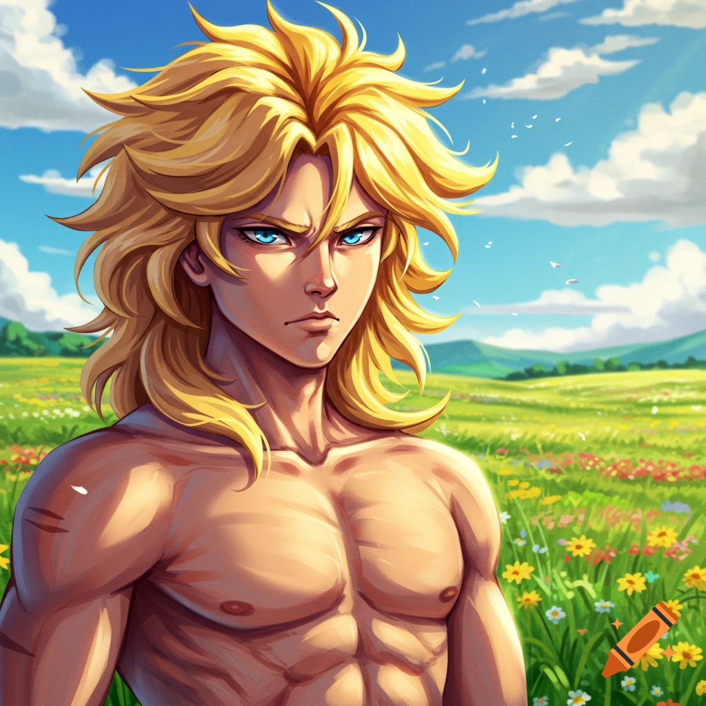 An anime male character with long blonde hair and intense blue eyes stands shirtless in a sunlit field of colorful wildflowers.
