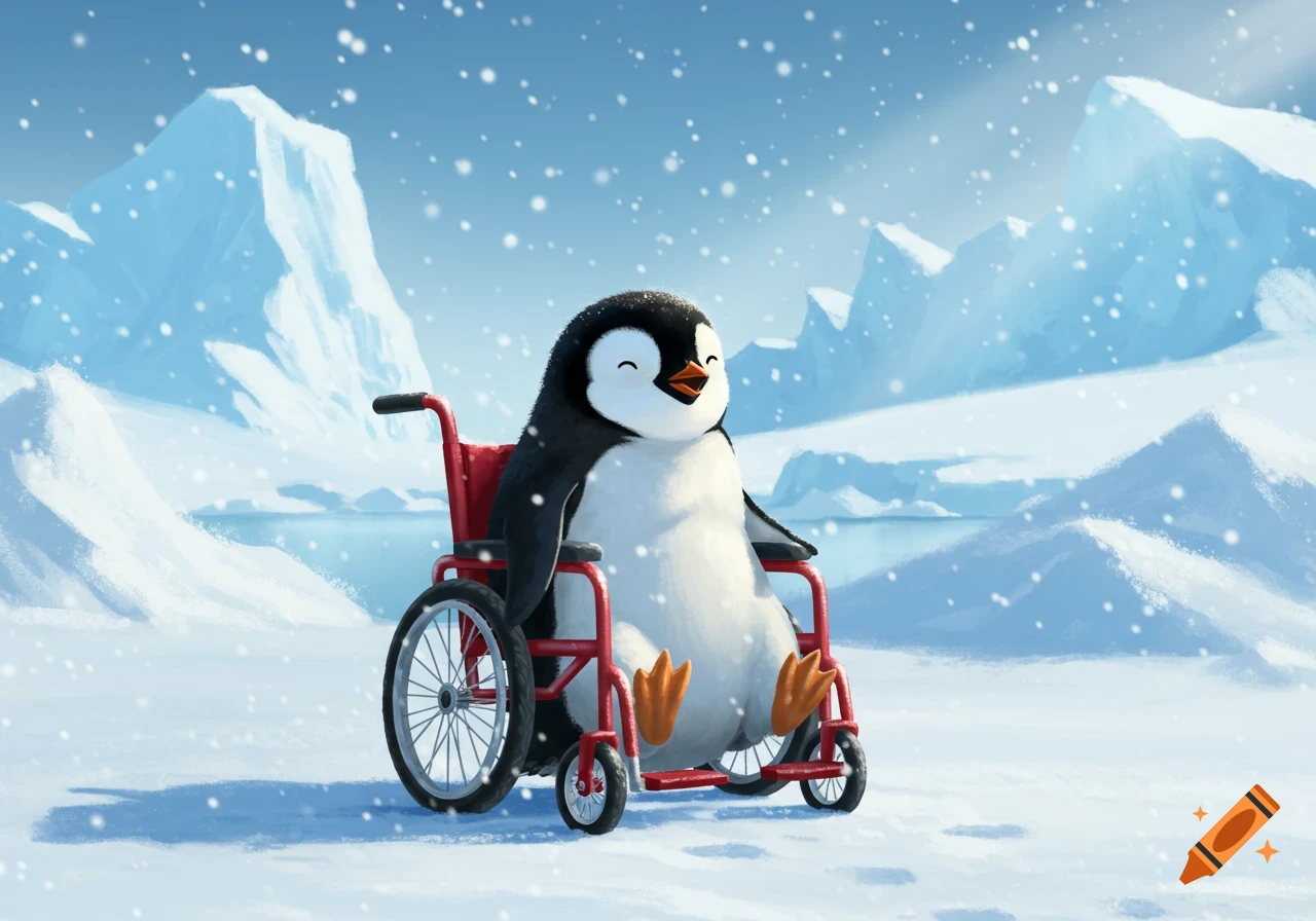 A happy, cartoon penguin sits in a red wheelchair in a snowy Antarctic landscape with icebergs.