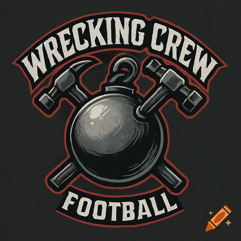 A stylized black and white logo with red outlines on a dark background, featuring a wrecking ball and two crossed hammers, with the text "WRECKING CREW" curved above and "FOOTBALL" curved below.