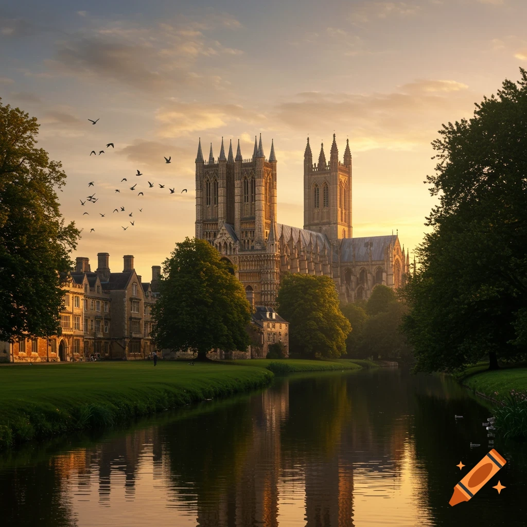 Lincoln Cathedral at sunset, reflected in a tranquil river, with green lawns, trees, and birds flying in the golden sky.