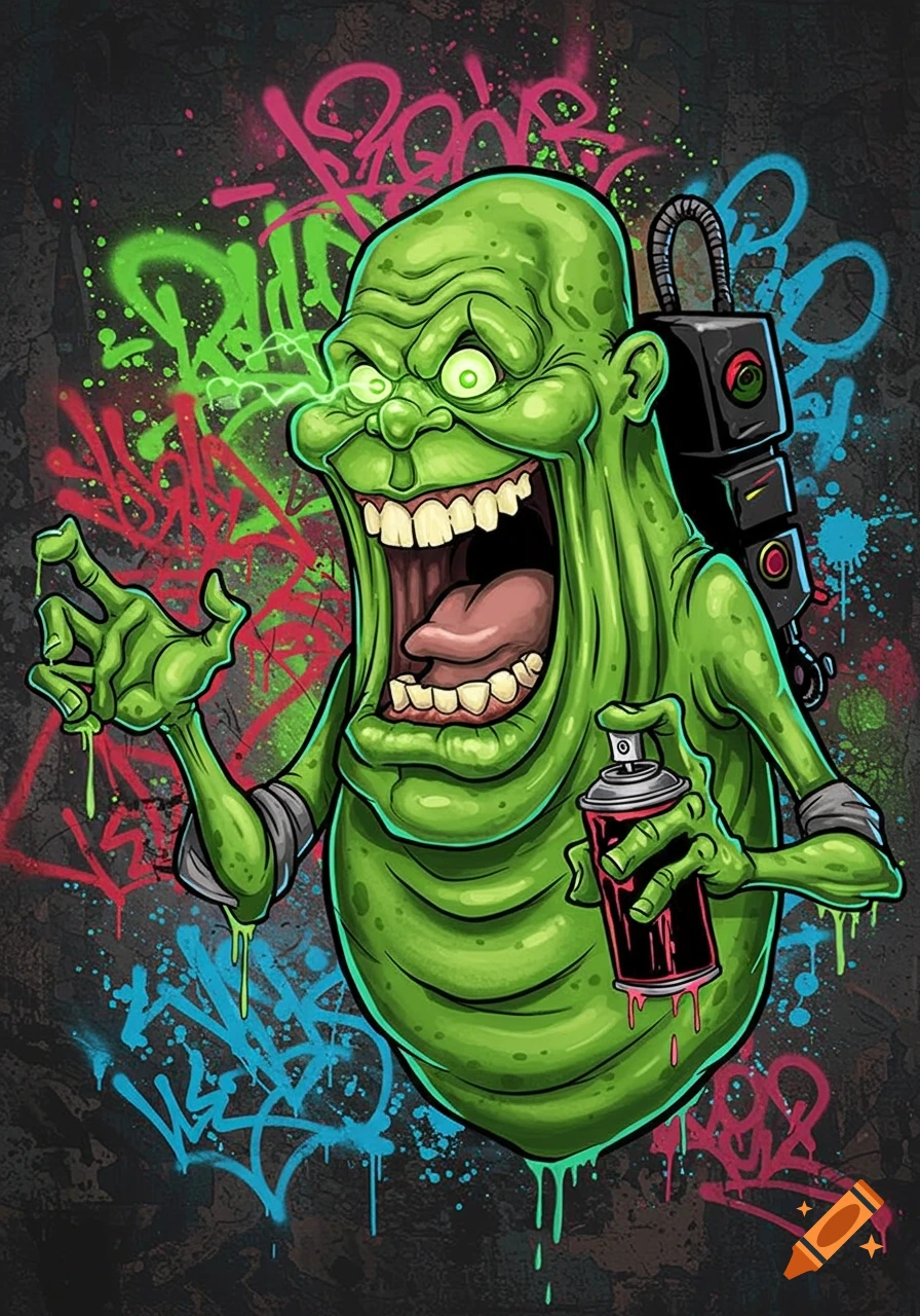 A stylized cartoon image of a green monster resembling Slimer from Ghostbusters, with glowing eyes and an open mouth, holding a red spray paint can. The background is dark with vibrant neon green, pink, and blue graffiti tags and splatters.