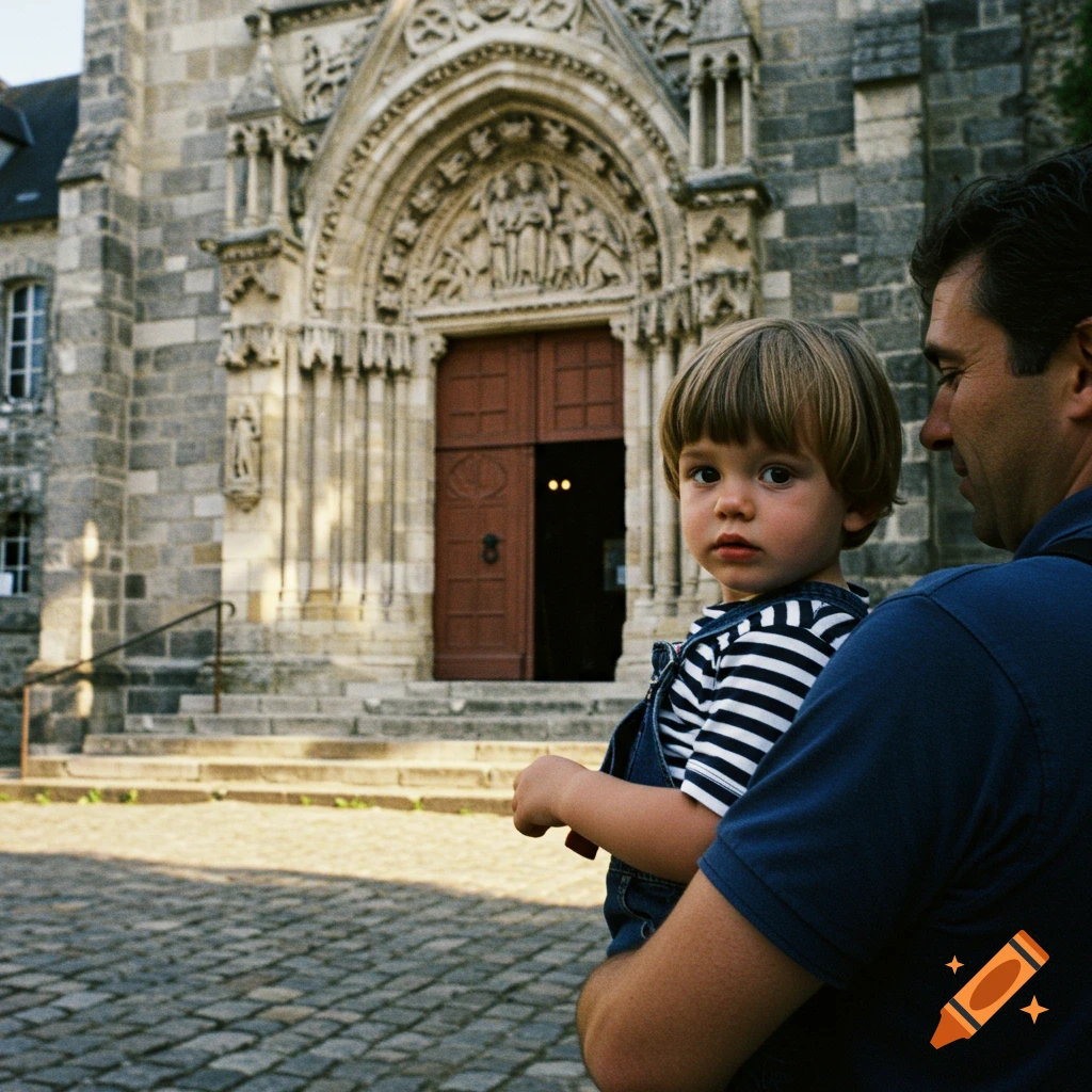 A father holds his young son, who looks at the viewer, in front of a stone church with an ornate archway.