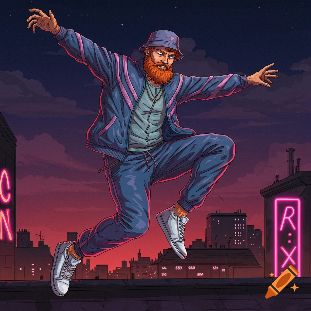 A bearded, red-haired man in a blue tracksuit and bucket hat jumps over city rooftops at night, illuminated by neon signs, in an illustrative style.
