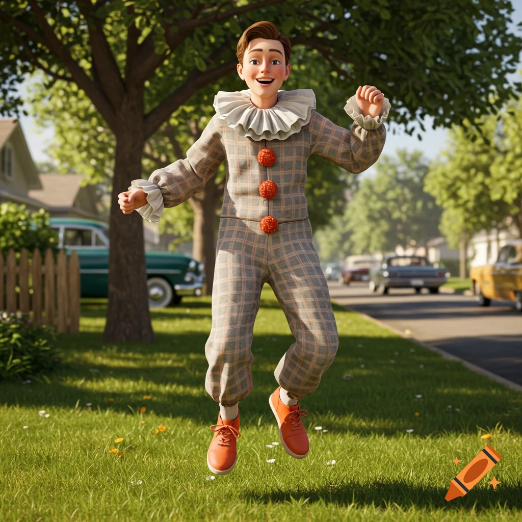 A stylized teenage boy in a checkered clown jumpsuit with ruffled collar and cuffs, and orange shoes, jumps on a suburban lawn.