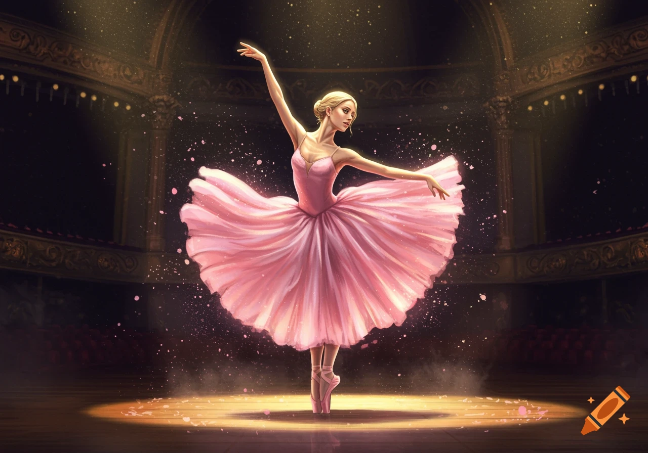 A blonde ballerina in a pink tutu performing on a dark stage lit by a spotlight, with glowing particles surrounding her.