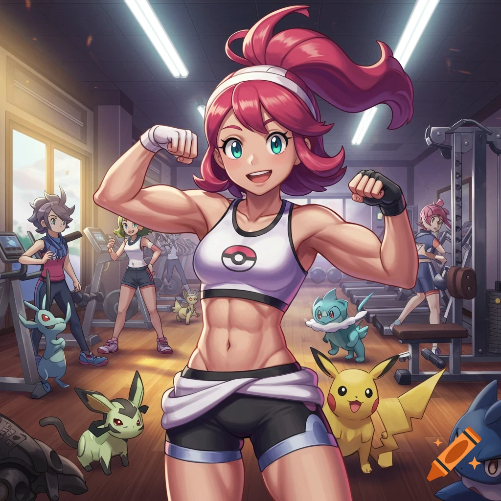 Anime style image of Liko from Pokémon Horizons flexing her biceps in a gym with other characters and Pokémon.
