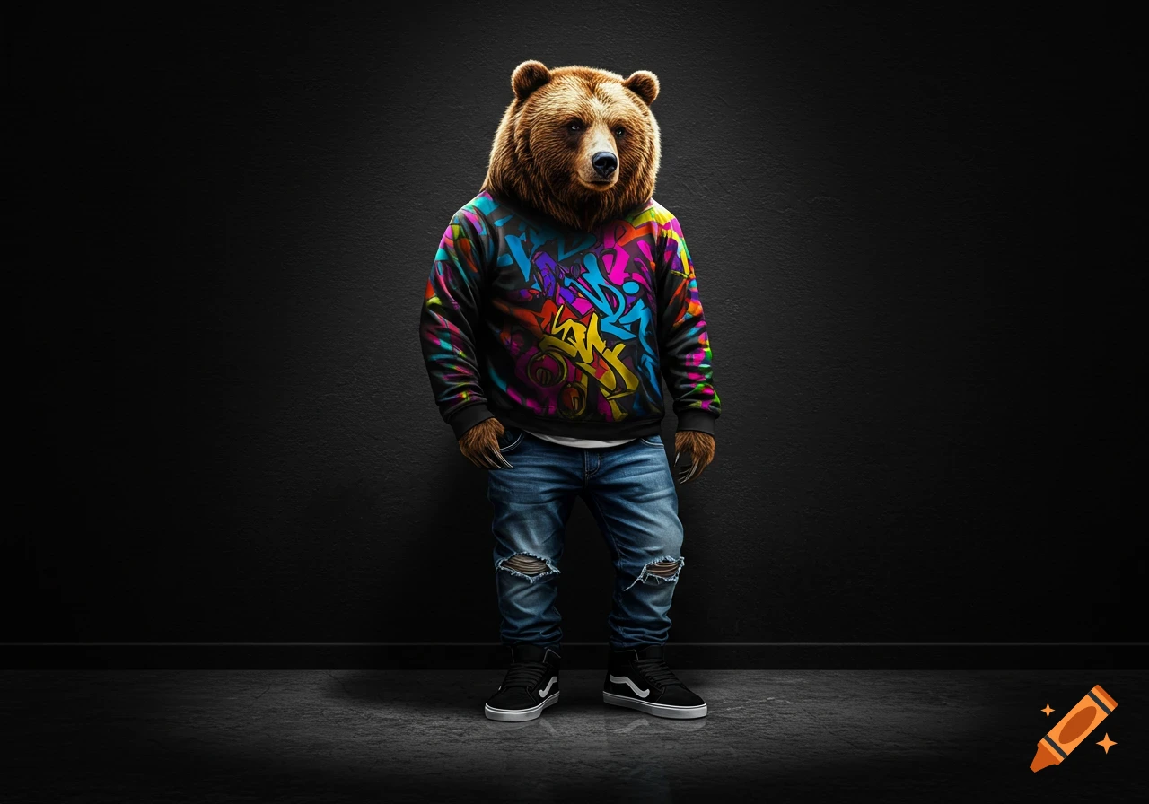 A brown bear wearing a colorful graffiti sweatshirt, ripped jeans, and black sneakers stands against a black wall.