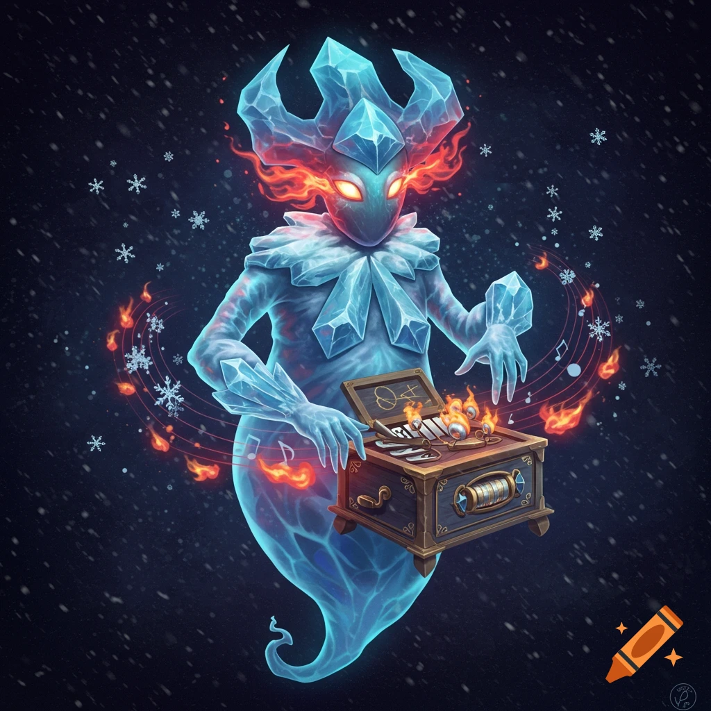 An icy, spectral creature with glowing eyes and fiery tendrils plays an ornate music box, surrounded by snowflakes and musical notes.