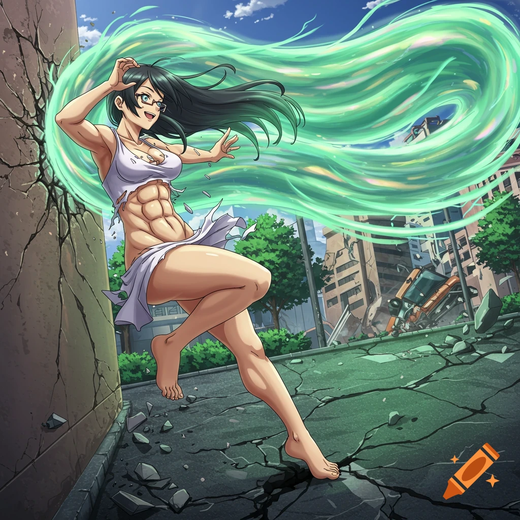 Anime-style superheroine with green energy flowing from her, standing in a destroyed city street with cracked ground and buildings.