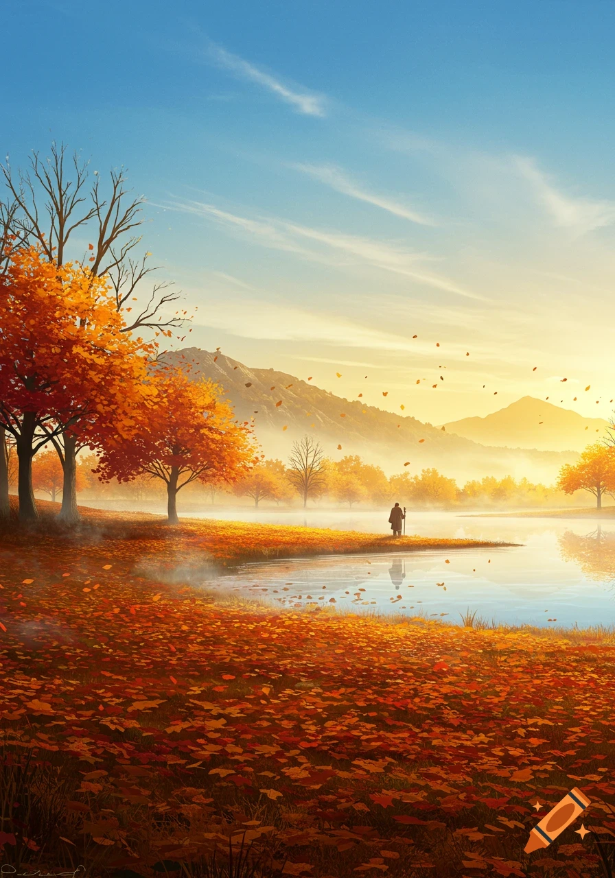 A lone figure stands by a tranquil lake in a vibrant autumn landscape with orange trees and fallen leaves under a clear sky.
