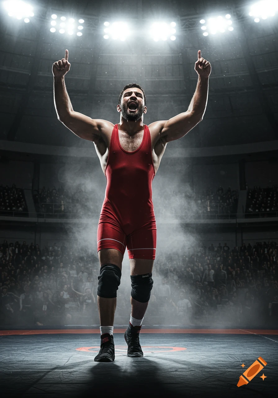 A victorious male wrestler in a red singlet stands in a spotlighted ring with arms raised, celebrating, as a blurred crowd watches.