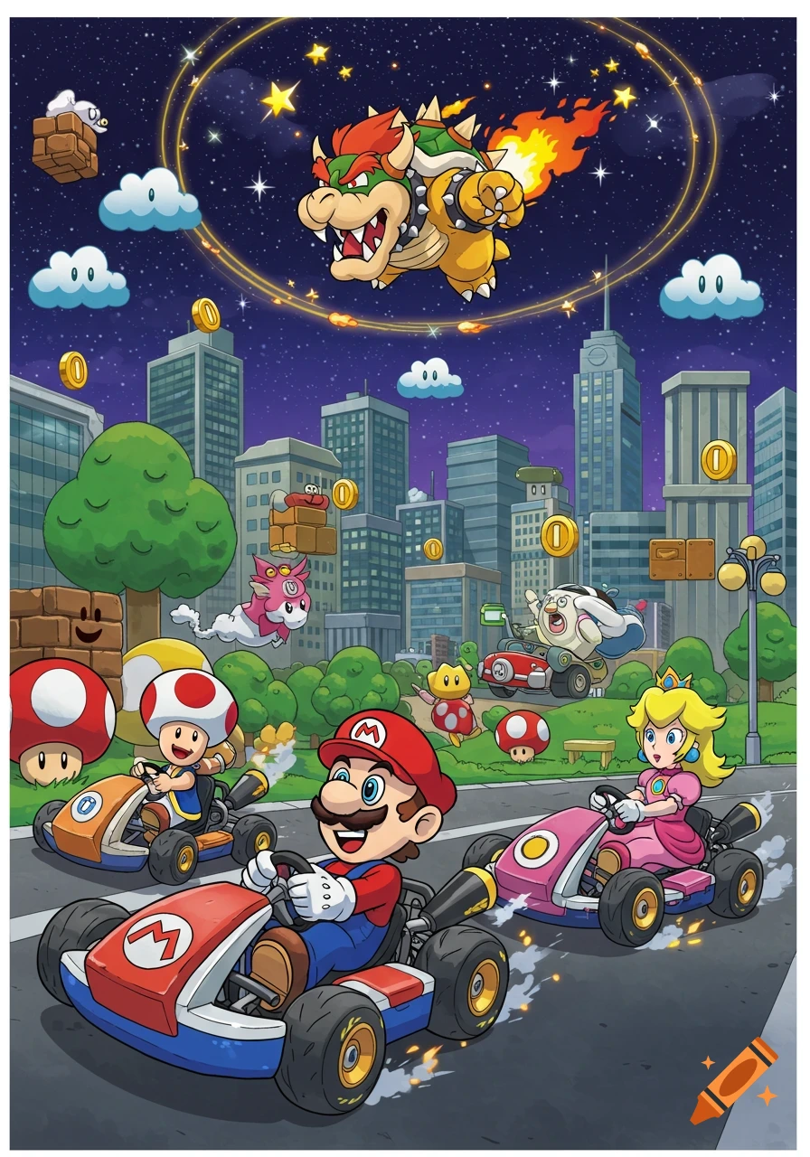 A vibrant cartoon scene of Mario Kart characters racing through a modern city at night. Mario, Toad, and Princess Peach drive karts on the road, while Bowser flies above in his Koopa Clown Car amidst stars and coins.