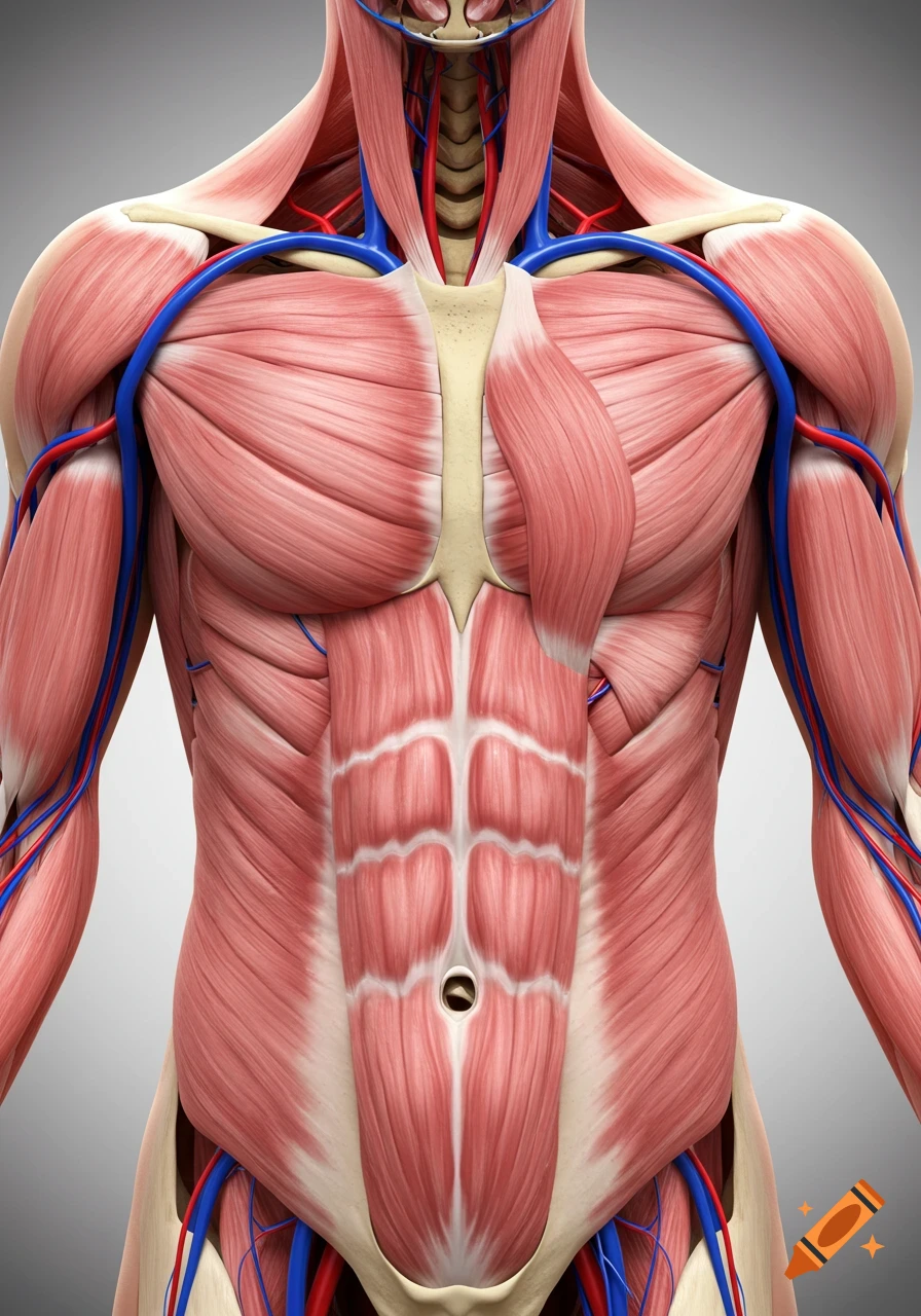 A detailed 3D anatomical rendering of the human torso, showing muscles, bones, arteries, and veins.