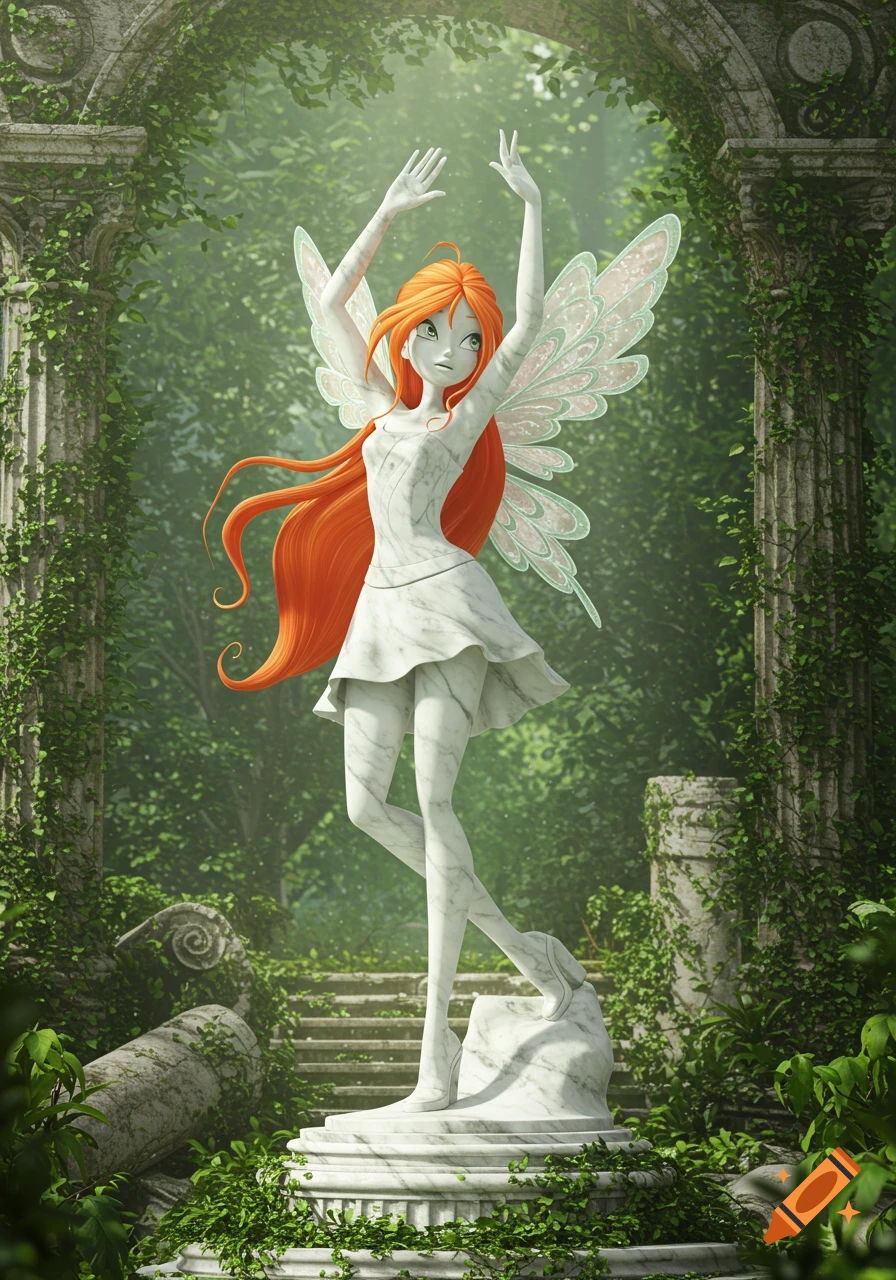 A marble statue of Bloom from Winx Club with orange hair and wings, arms raised, in overgrown ancient ruins.