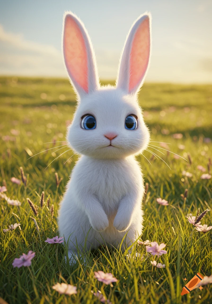 A fluffy white cartoon bunny with big blue eyes stands upright in a vibrant green field with small pink flowers.