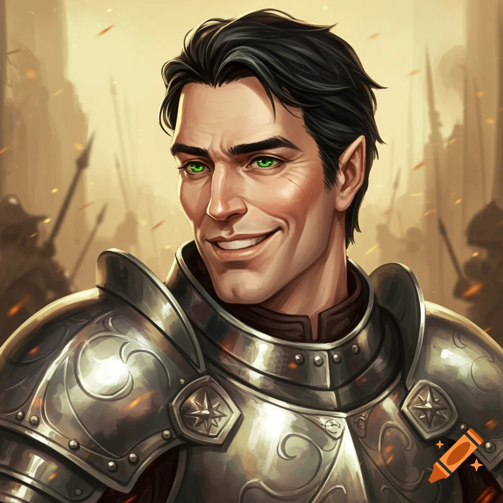 Digital painting of a smiling male fantasy warrior with black hair and bright green eyes, wearing ornate silver armor, against a blurry background of soldiers and fire.